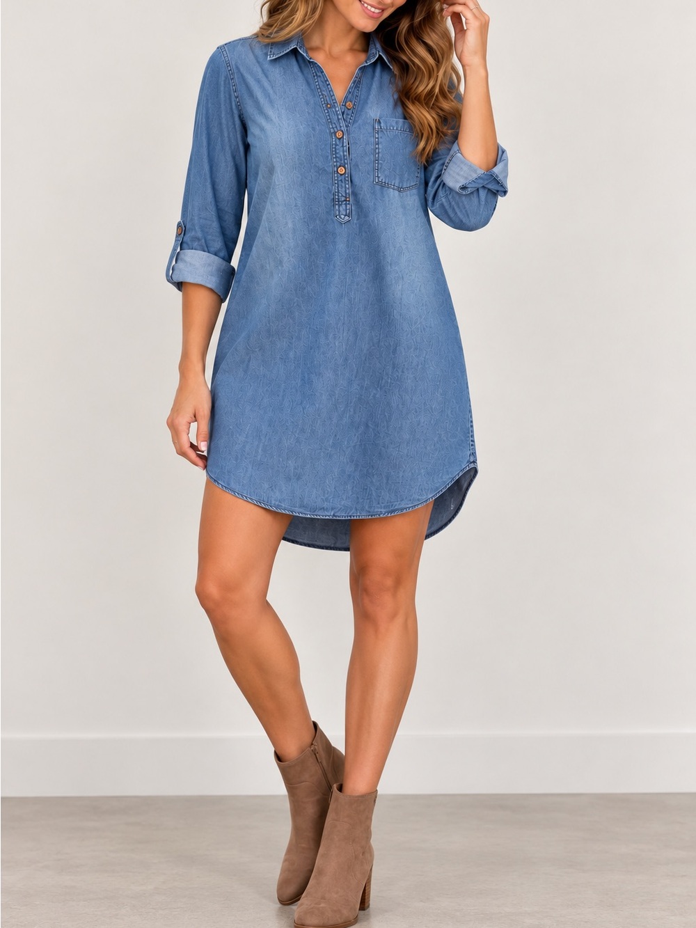 Ci Sono Chambray Denim Shirt Dress Blue Roll Tab Sleeve Tunic Large